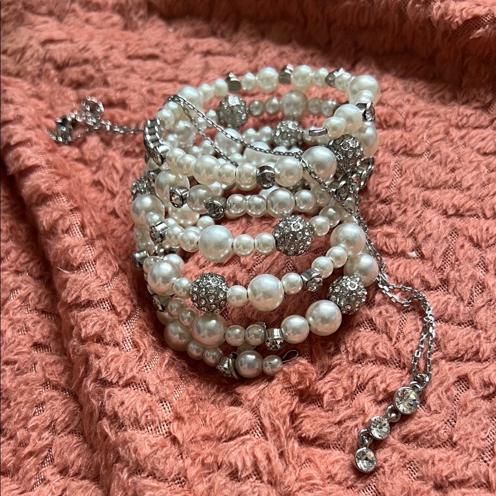 Elegant Pearl and Crystal Stretch Bracelet Stack - White & Silver
